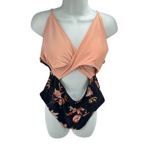 Cupshe Womens One Piece Swimsuit Cutout Front Tropical Pink Black Size XL
